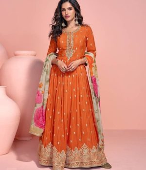 embroidered chinon free size anarkali suit semi stitched